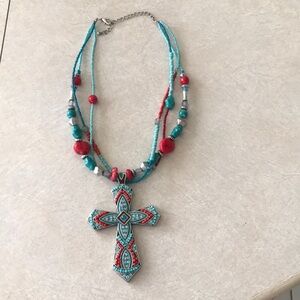 Turquoise and Red Beaded Cross Necklace Stunning